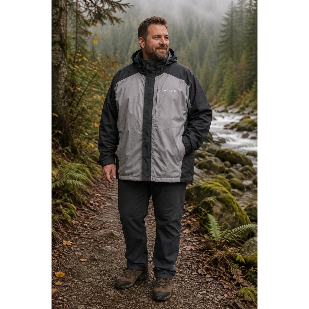 Columbia Interchange Mens 1X Gray Black Omni-Tech Hooded Rain Jacket Shell